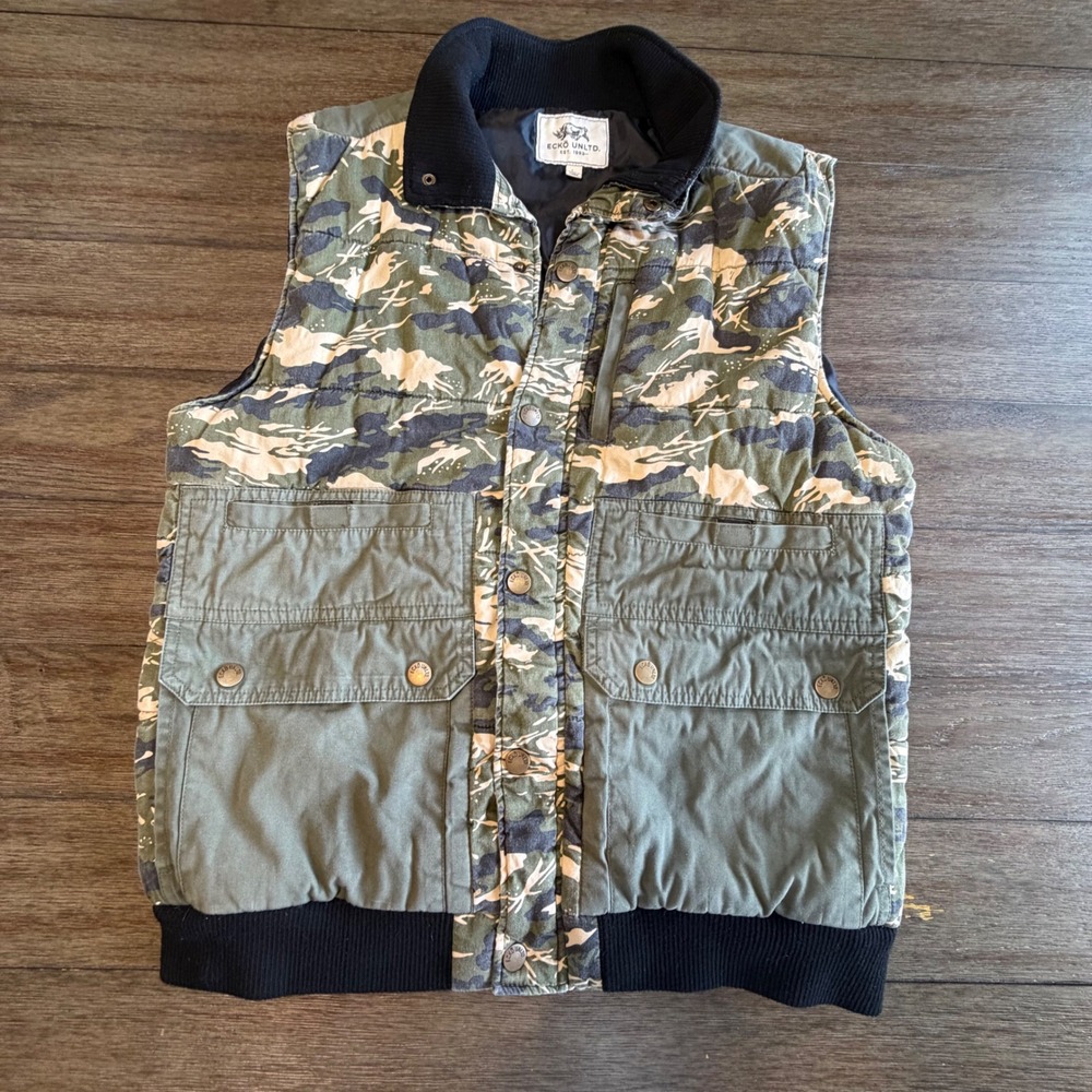 VTG Ecko Unltd Mens Camo Puffer Vest Green Large Y2K Streetwear Tactical Utility
